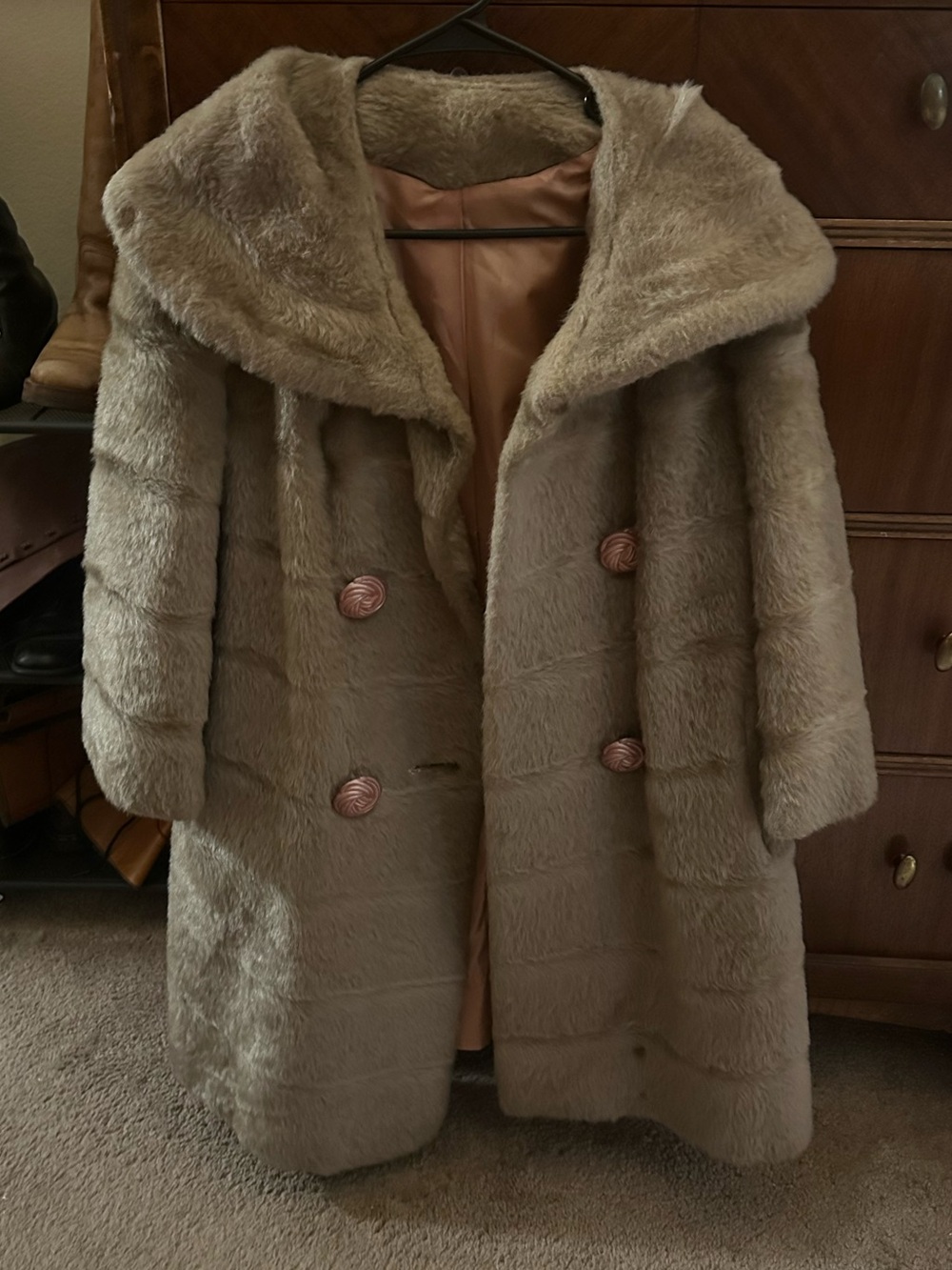 Vintage Faux Fur 50s 60s Coat M/L Champagne Taupe Shawl Wide Collar